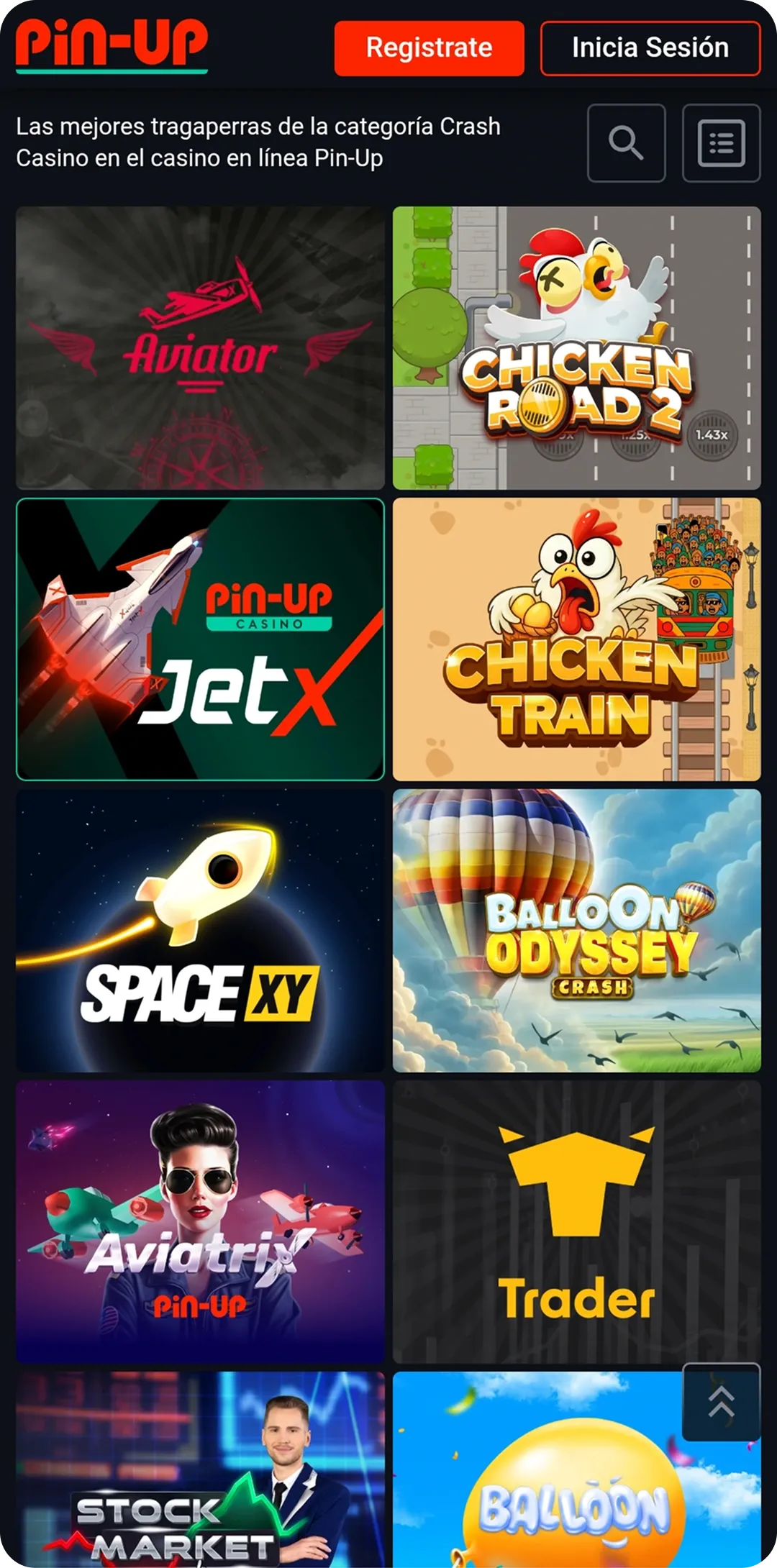 Crash juegos en la aplicación Pin up