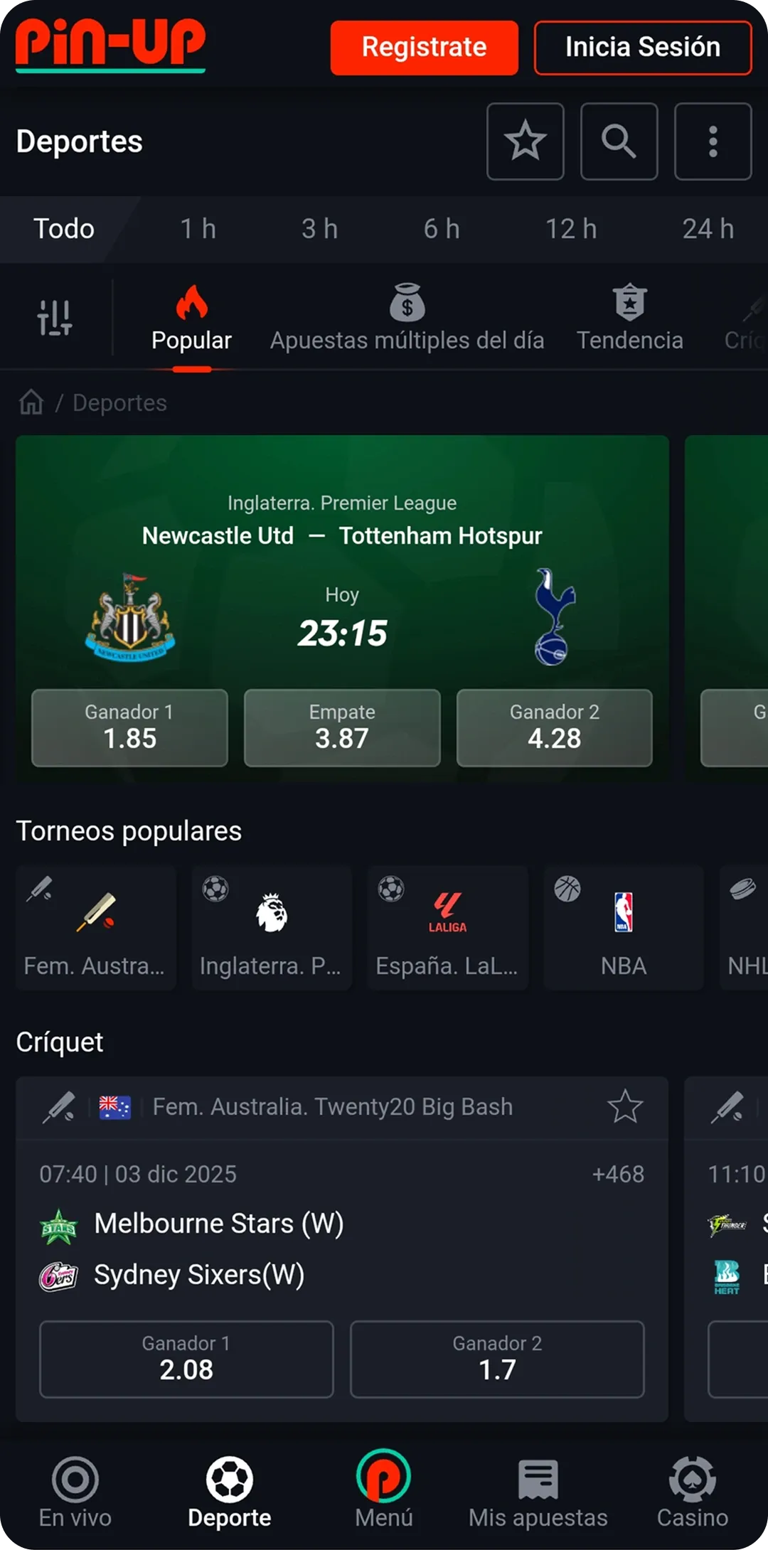 Apuestas deportivas en la aplicación