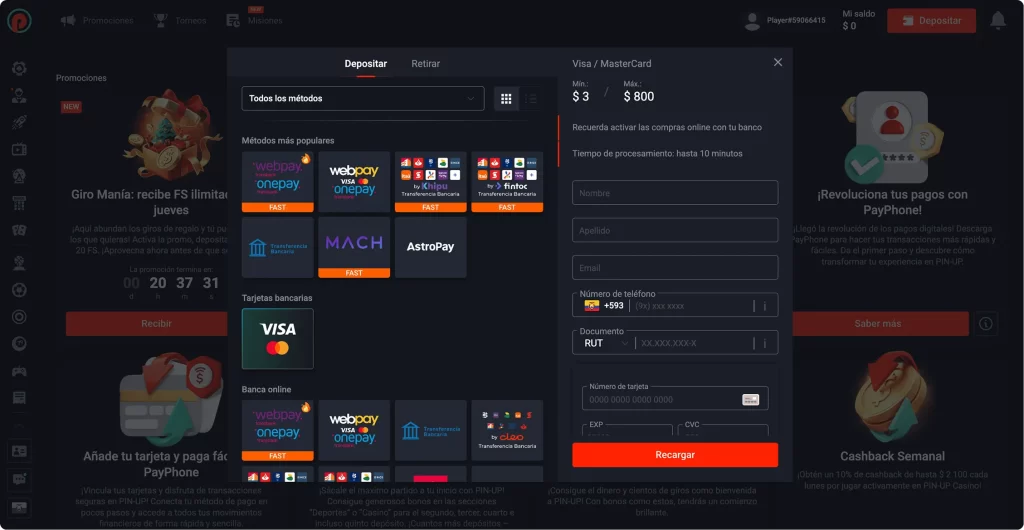 Depósito en el casino PIN UP
