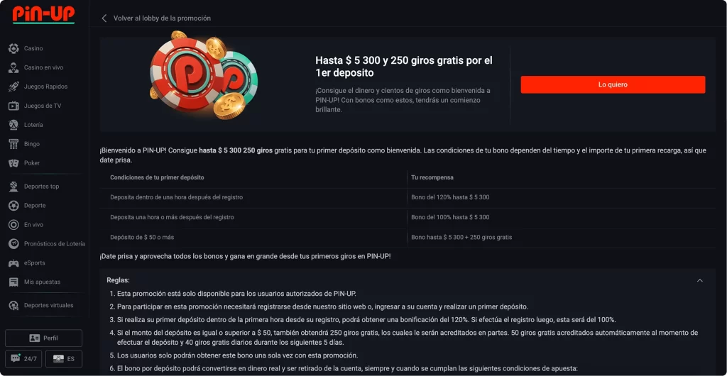 Bono de bienvenida para el casino pin up